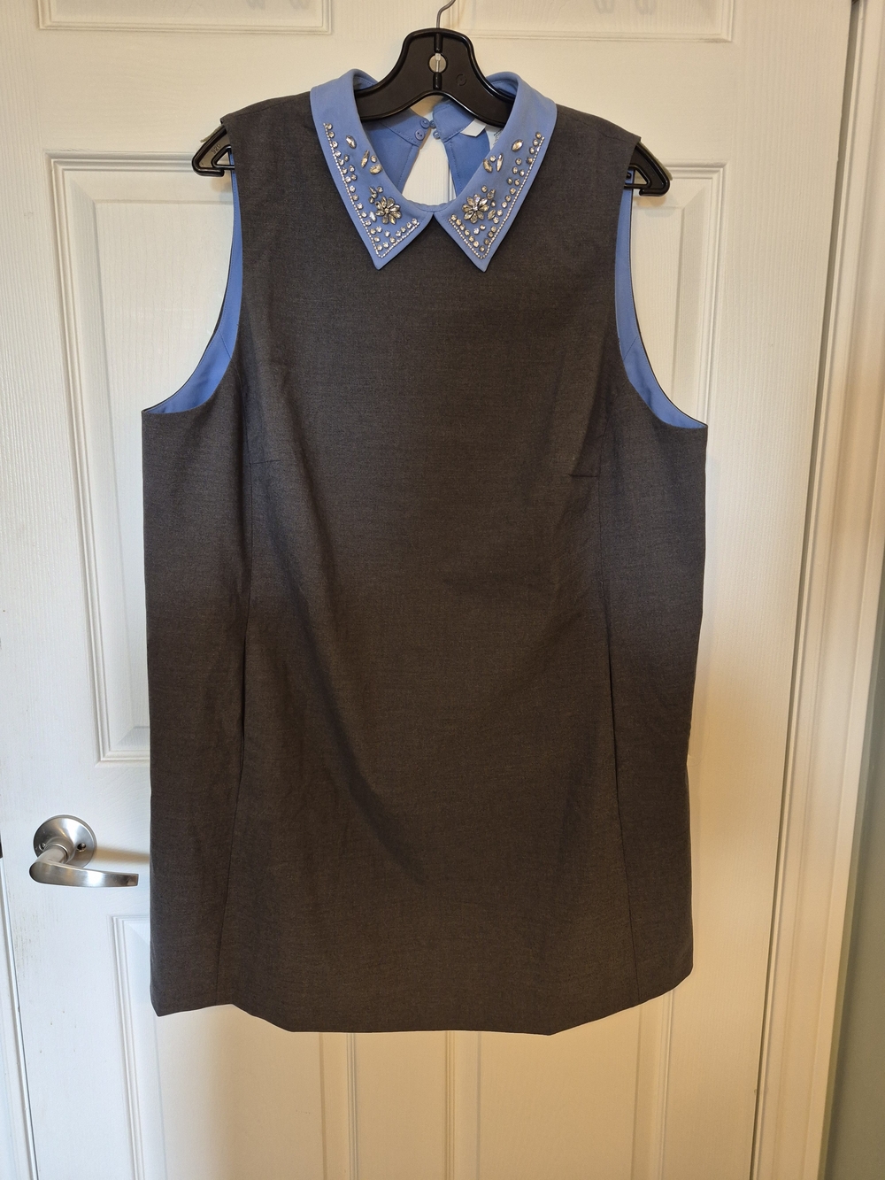 Sleeveless Charcoal Shift Dress with Blue Jeweled Collar